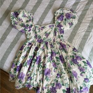 Altard State Floral Puff-Sleeve Dress in Cream and Purple